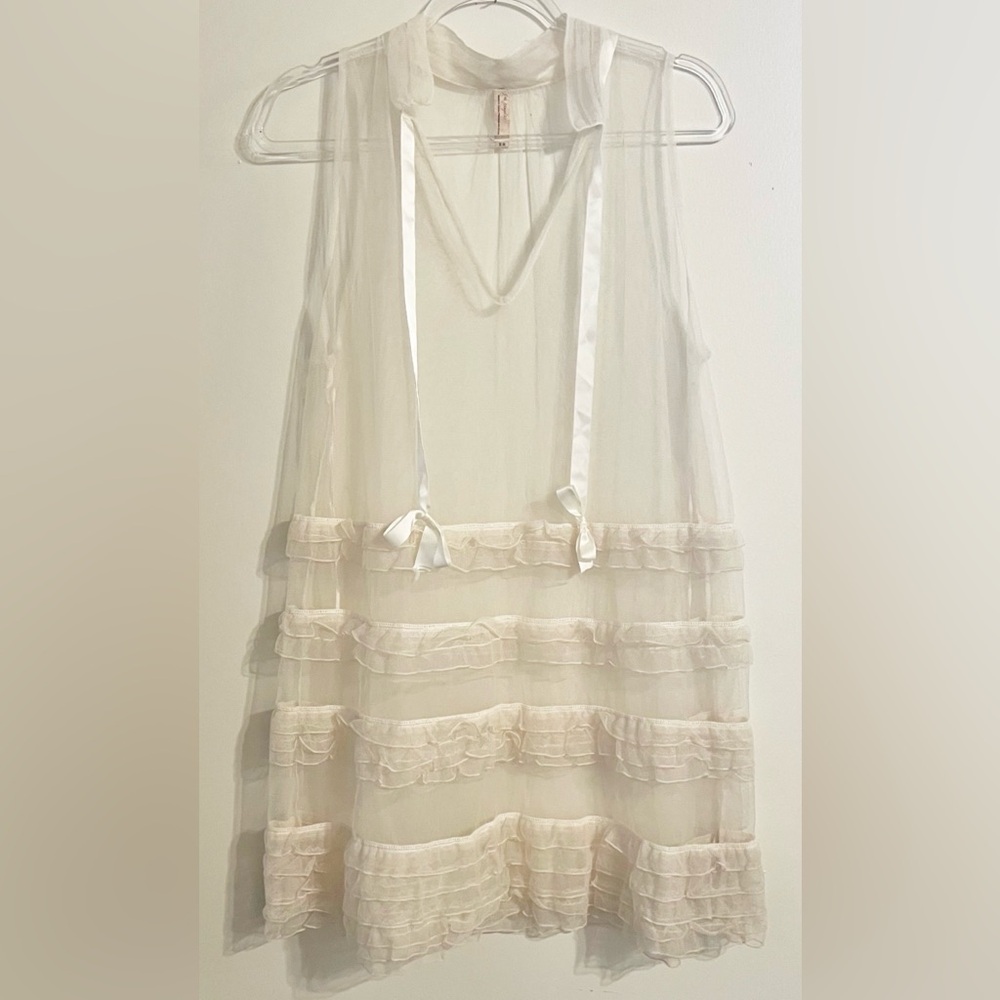Free People Ivory Sheer Chemise with Ribbon Accents Cover Up with Shirt Jacket
